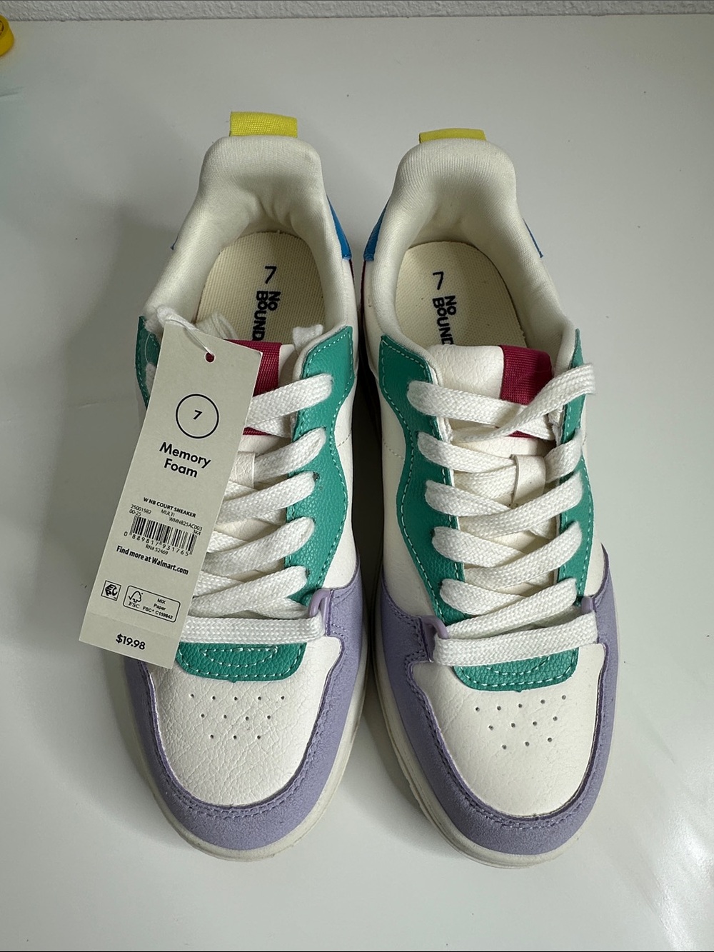 No Boundaries Women's White Sneakers with Teal, Lavender & Yellow Accents